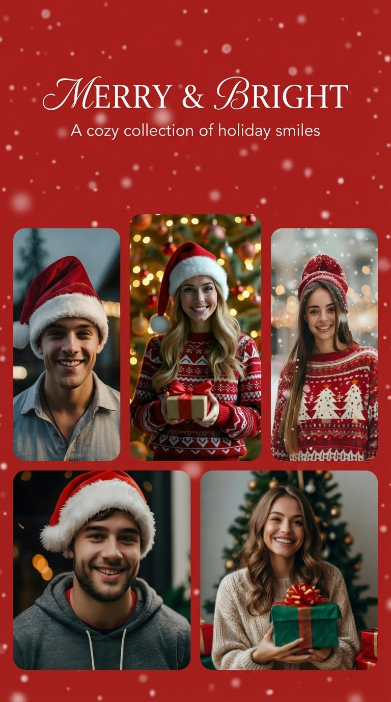 Christmas photo collage with festive red background and soft snowfall effect