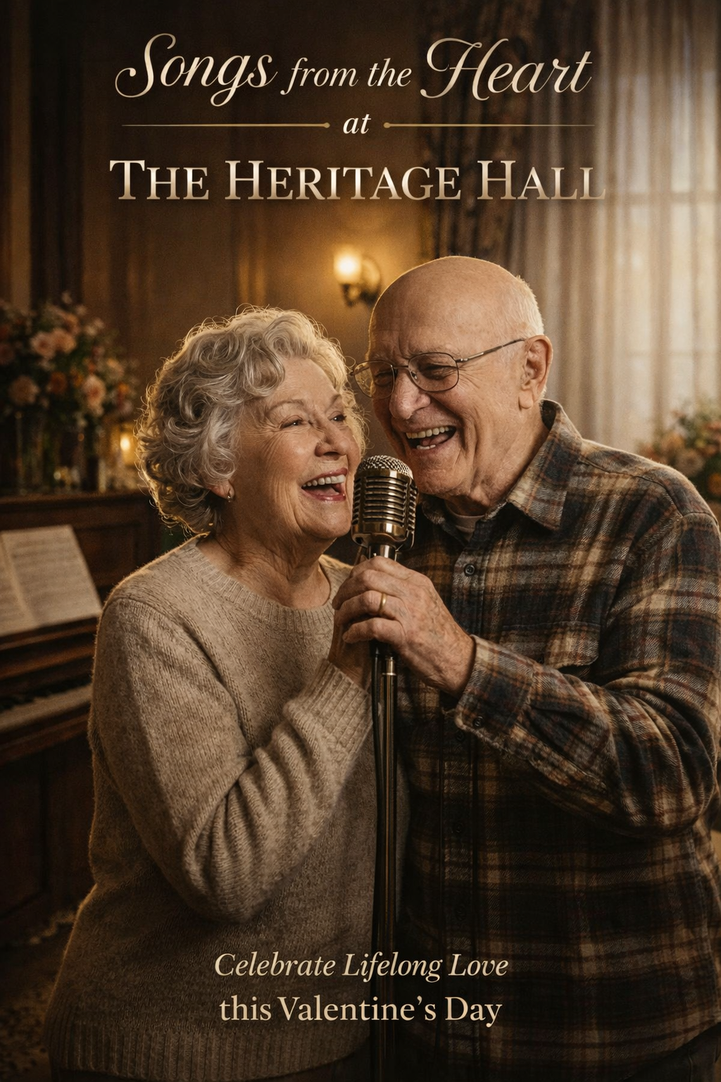 Valentine poster of elderly couple singing in vintage romantic setting