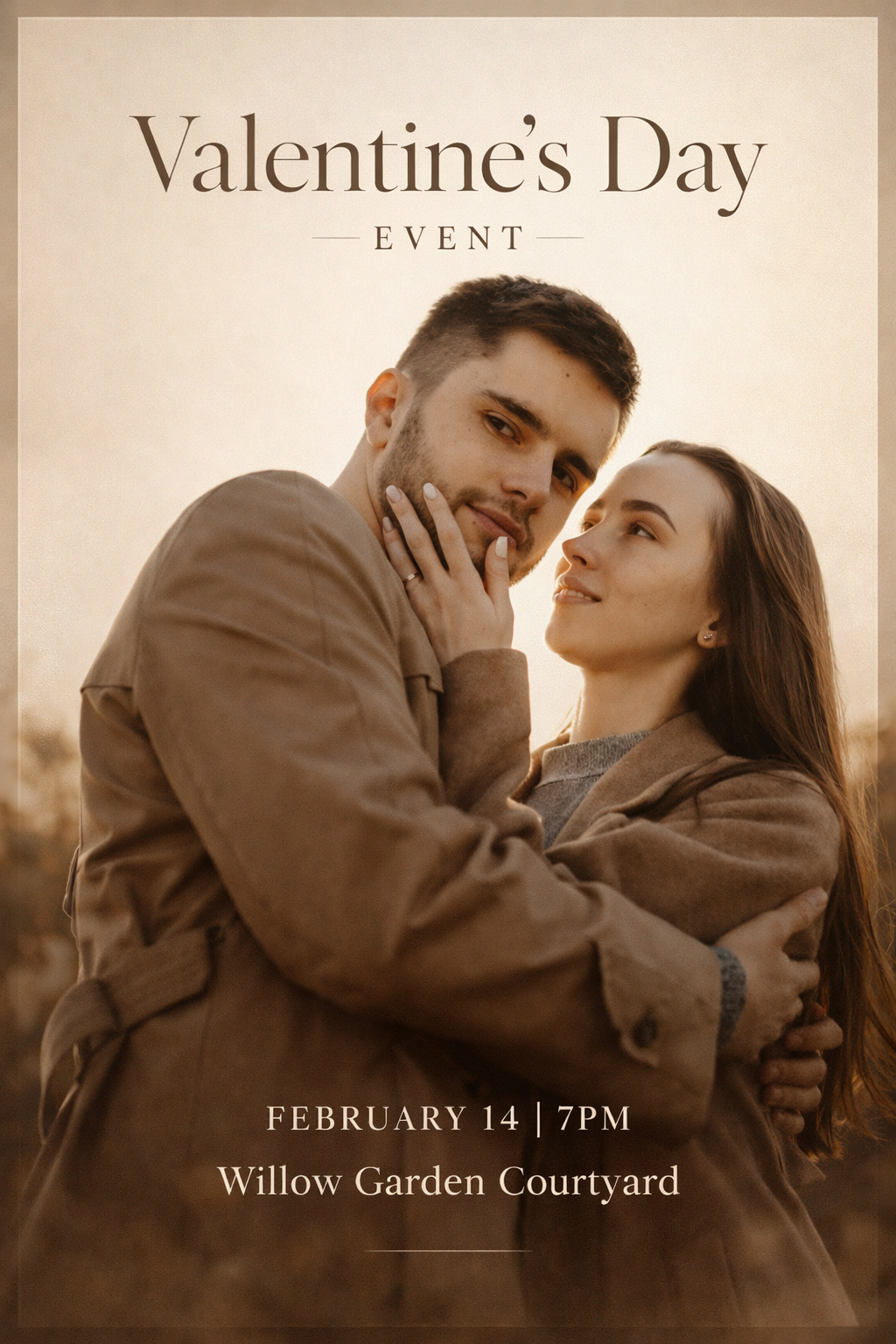 Premium Valentine poster with real couple in warm beige tones and editorial style