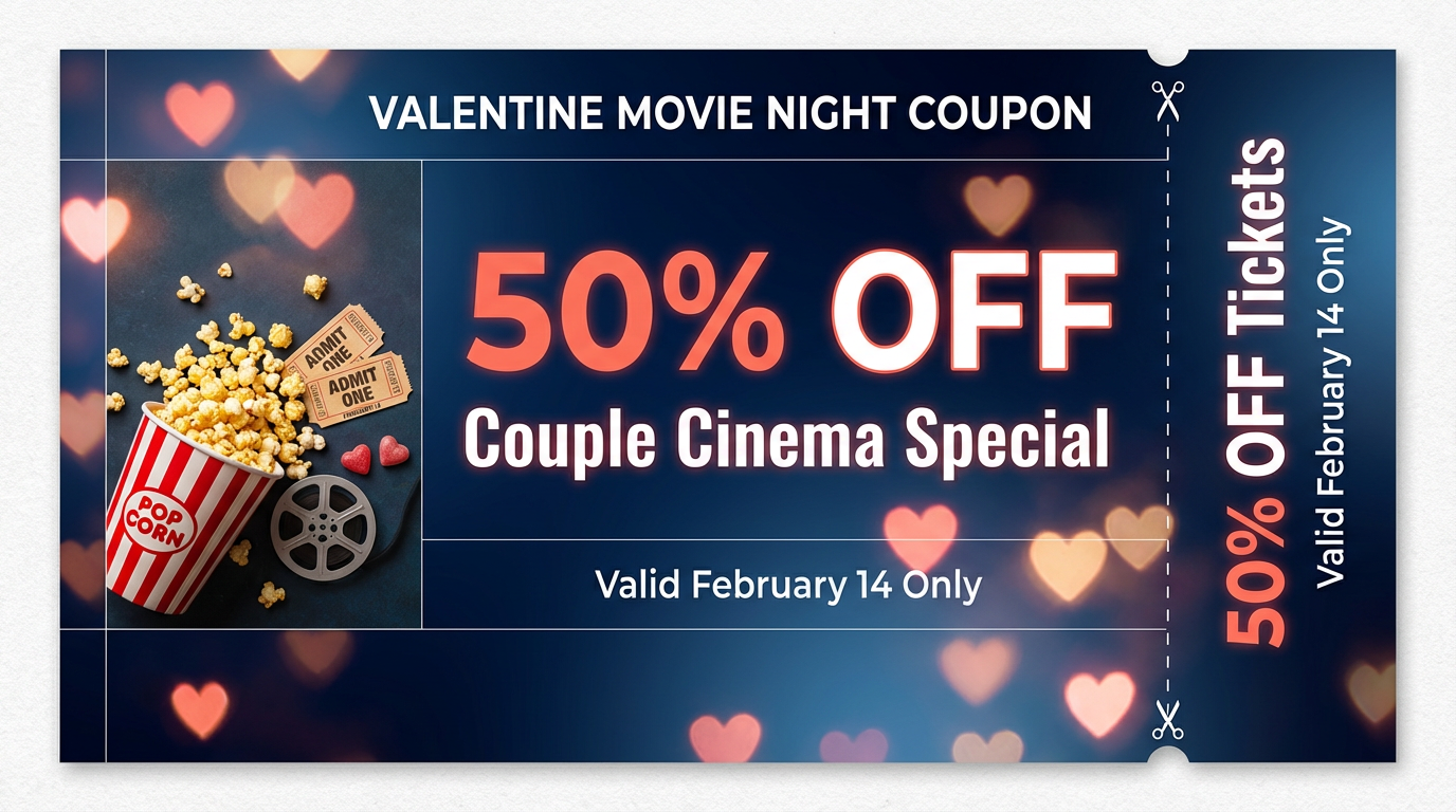 Midnight blue Valentine movie night coupon with 50% off cinema offer