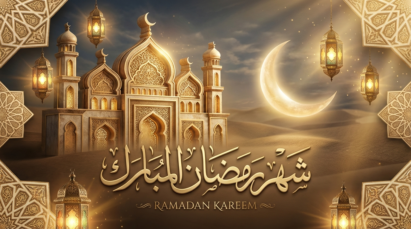 Premium Ramadan Kareem social media banner with sand tone and gold luxury palette, featuring ornate 3D mosque silhouette with glowing architecture details, soft glowing crescent moon radiating ethereal light, decorative fanous lanterns with warm golden illumination, premium Islamic geometric corner accents, elegant sophisticated Arabic typography with clearly readable calligraphy شهر رمضان المبارك, cinematic premium lighting effects, high-end professional social media design, 16:9 aspect ratio