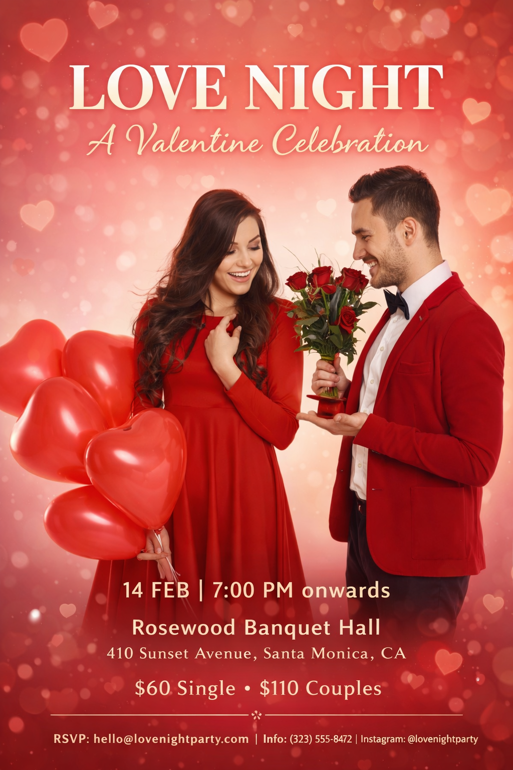 Valentine Love Night poster with couple, red roses and blush gradient background