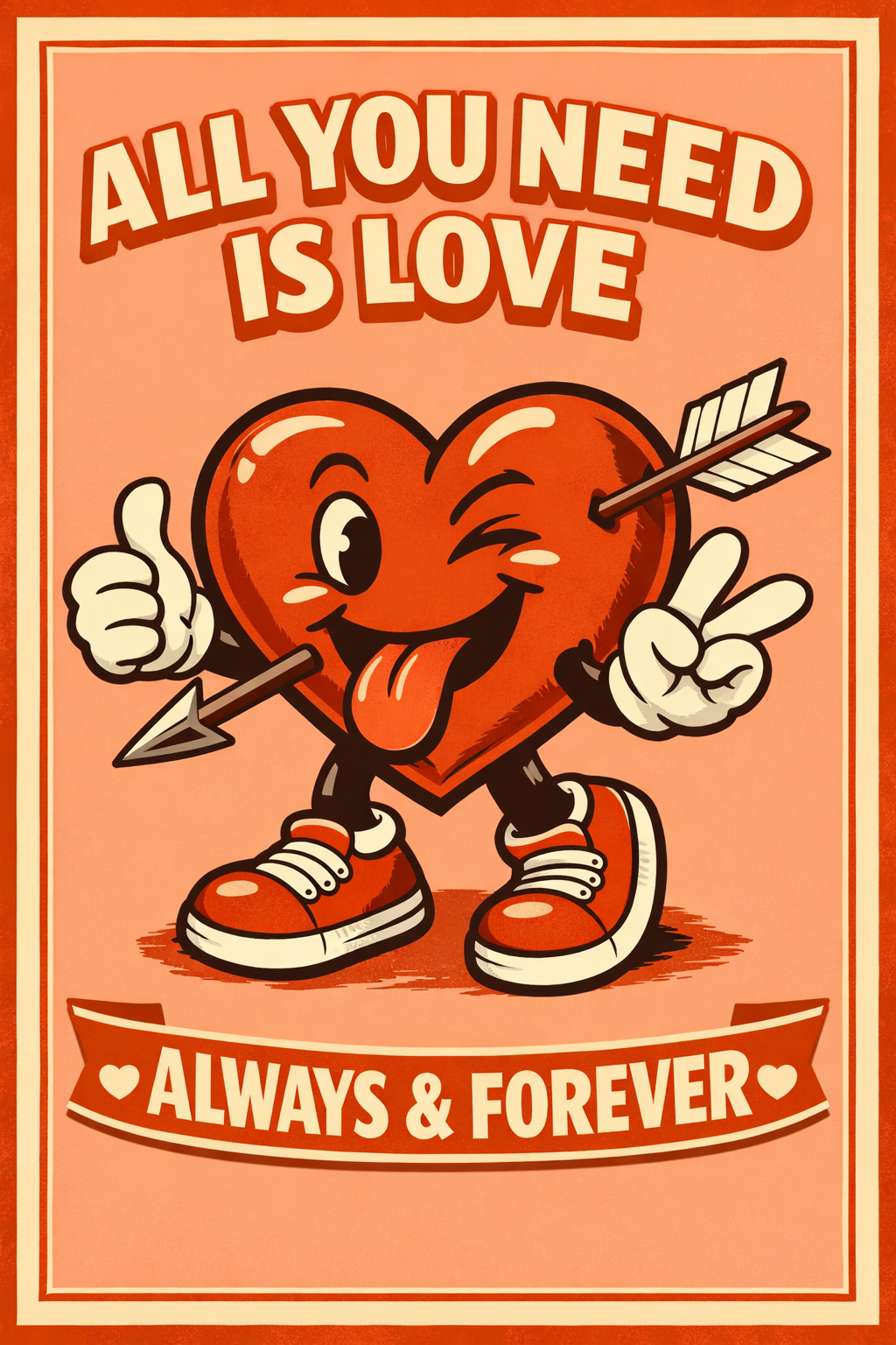 Vintage Valentine poster with retro cartoon heart, peach background and bold orange typography