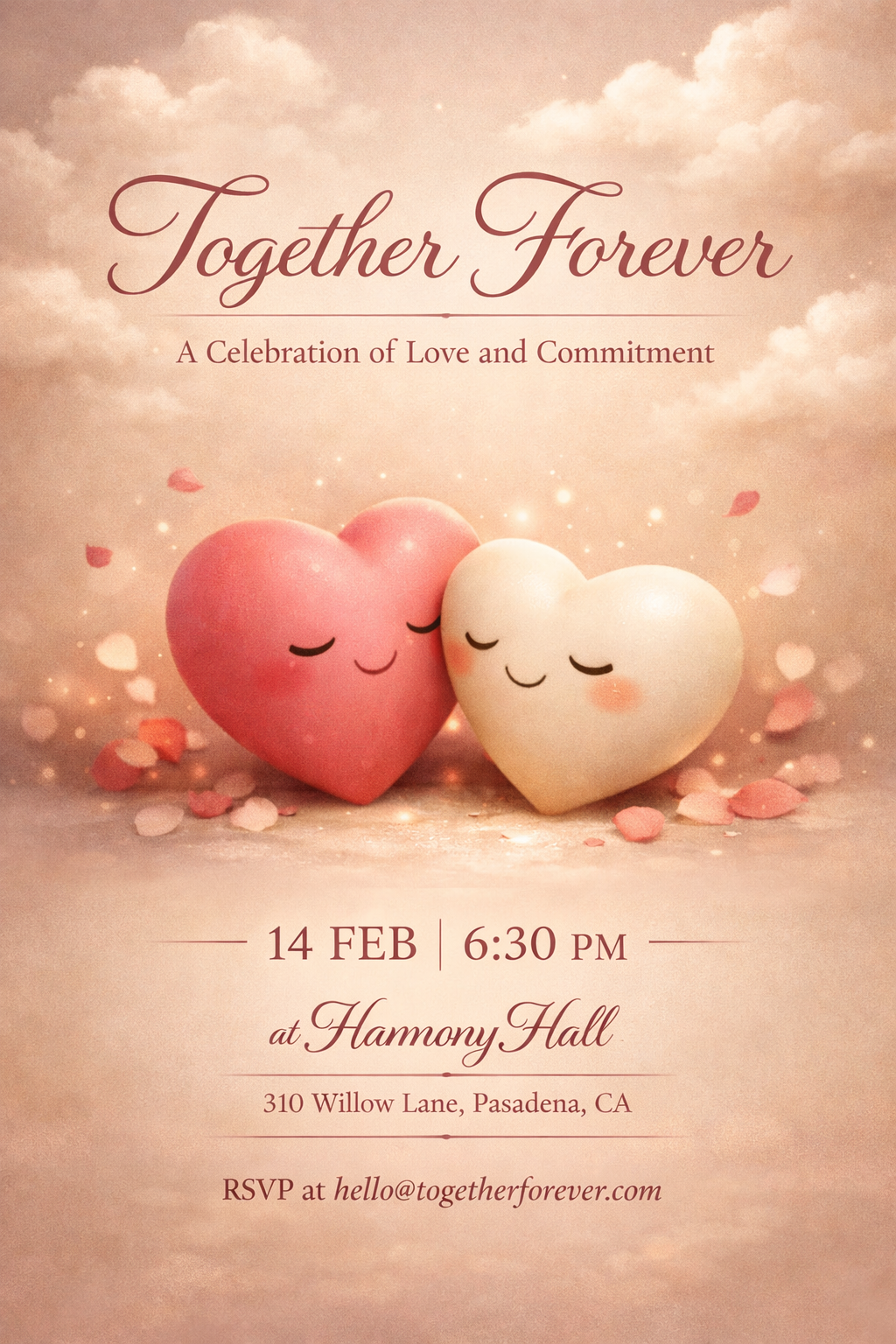 Romantic Valentine event poster with elegant heart characters and rose beige theme