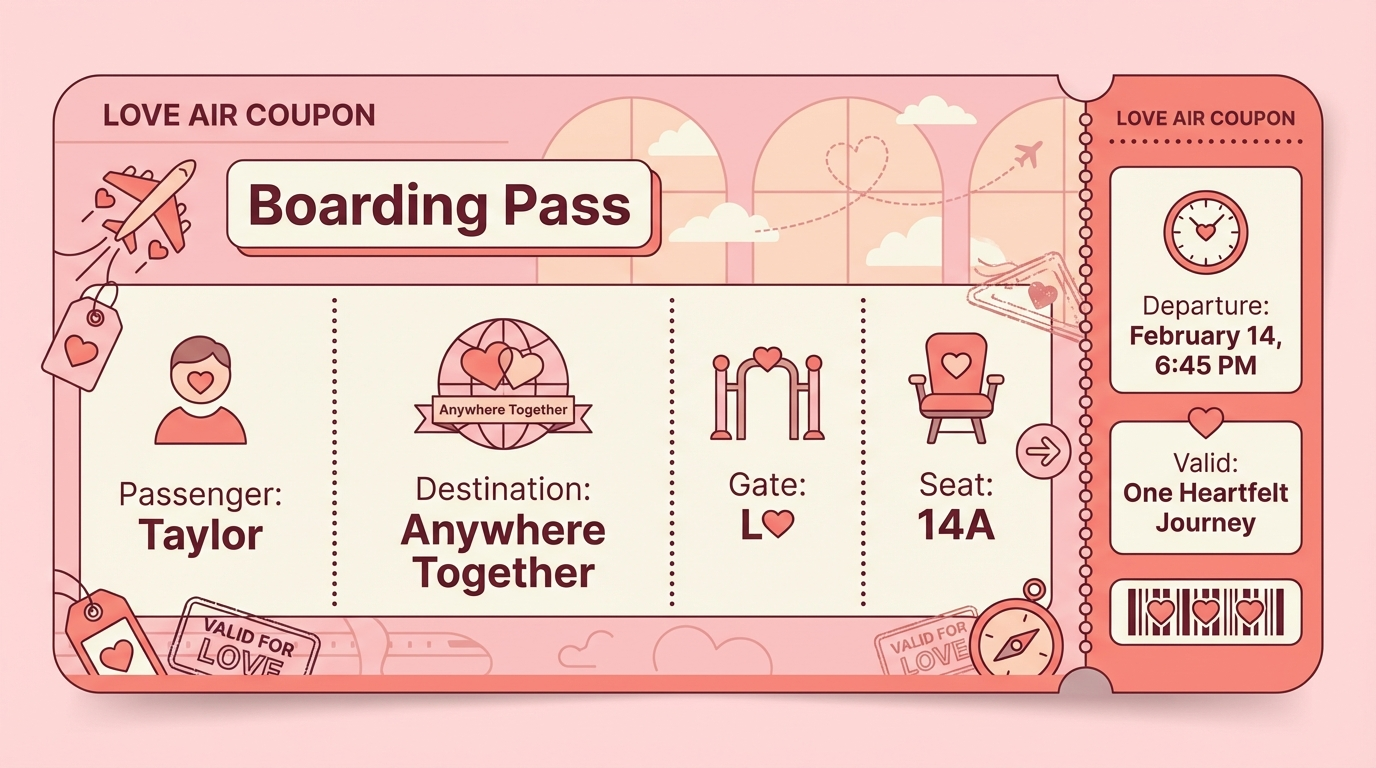Boarding pass style Valentine coupon in pastel pink with travel theme and perforated edges