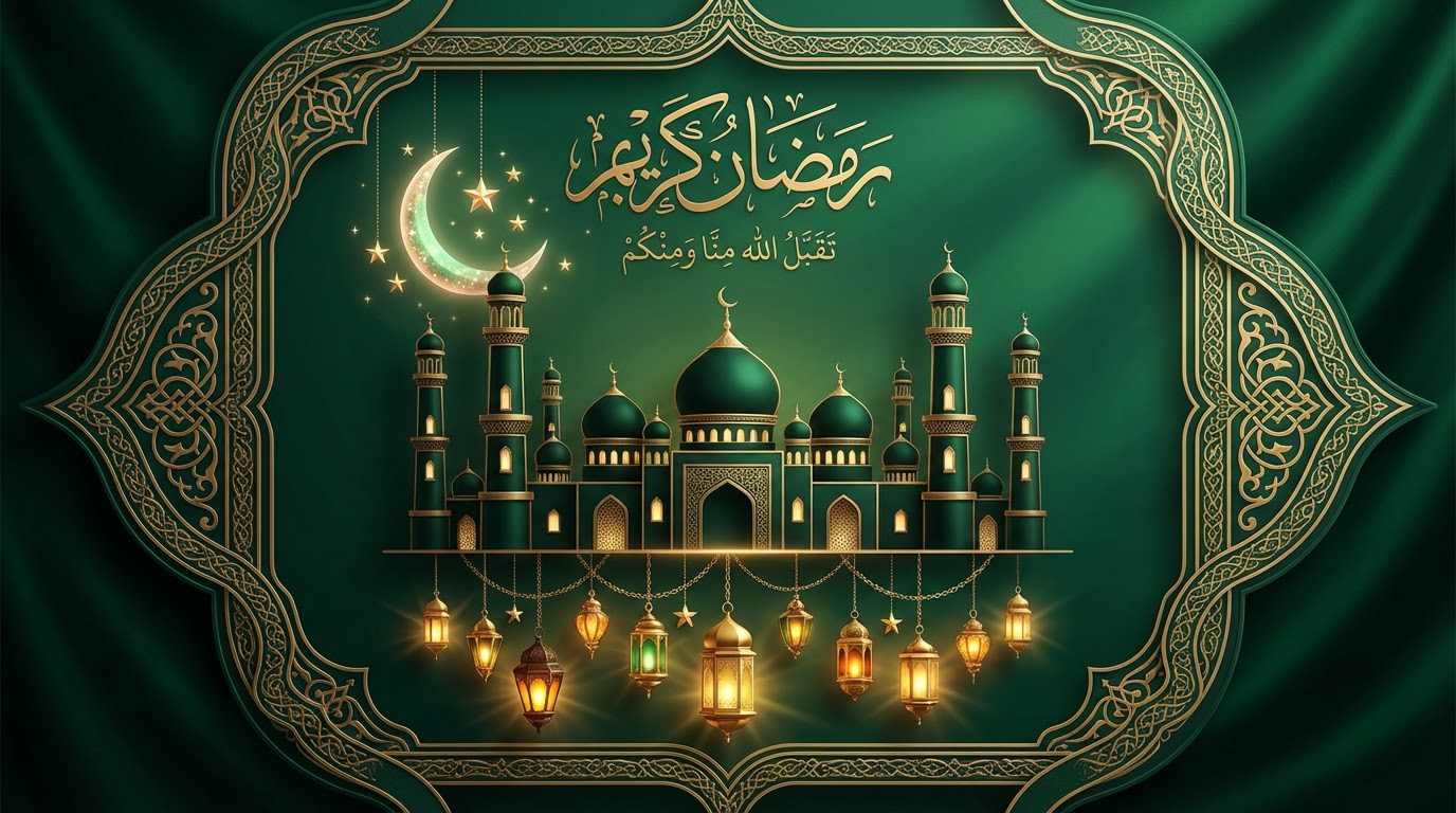 Professional Ramadan Kareem social media banner, emerald green background with 3D mosque silhouette, soft glowing crescent moon with stars, hanging lanterns with warm golden light, ornate Islamic geometric frame, Arabic calligraphy elegance, premium luxury aesthetic, corporate professional style, cinematic depth rendering, high-end banquet composition, 16:9 aspect ratio
