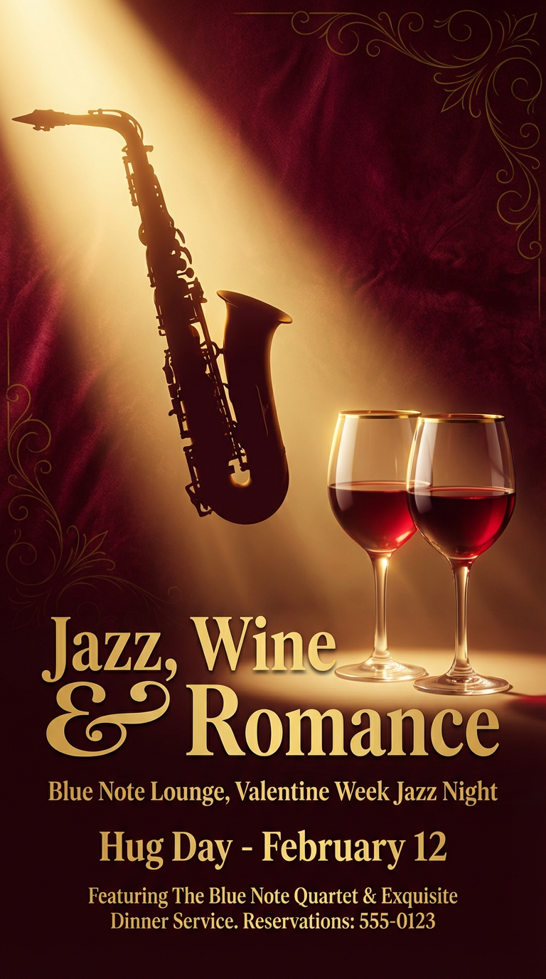 Valentine's Jazz Night Flyer with saxophone silhouette and art deco design