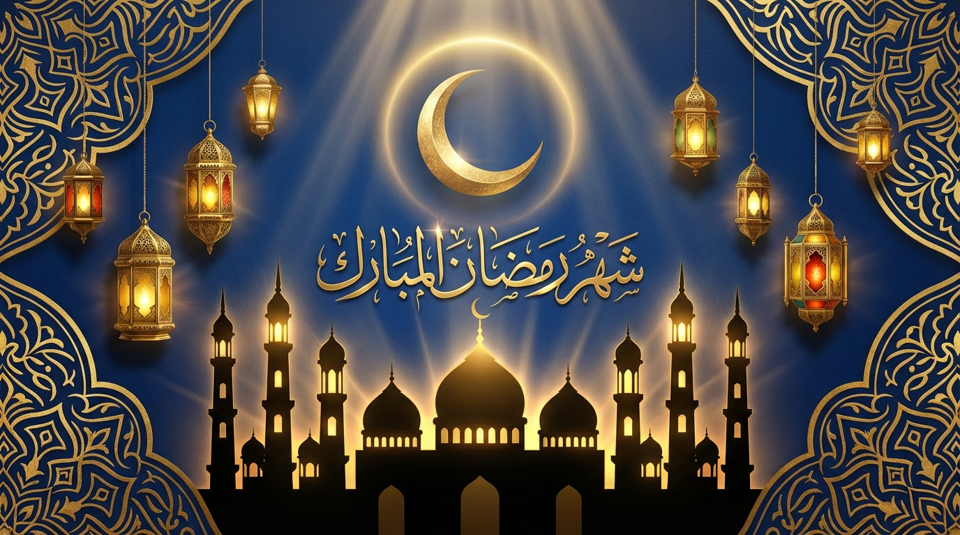 Premium Ramadan greeting card with royal blue background and opulent gold accents, featuring stunning mosque silhouette with illuminated minaret towers, celestial crescent moon with soft radiant halo, ornate suspended fanous lanterns with golden glow, intricate Islamic arabesque patterns, dramatic cinematic lighting with heavenly light rays, sophisticated typography displaying clear readable Arabic text شهر رمضان المبارك, luxury corporate greeting card, 16:9 aspect ratio