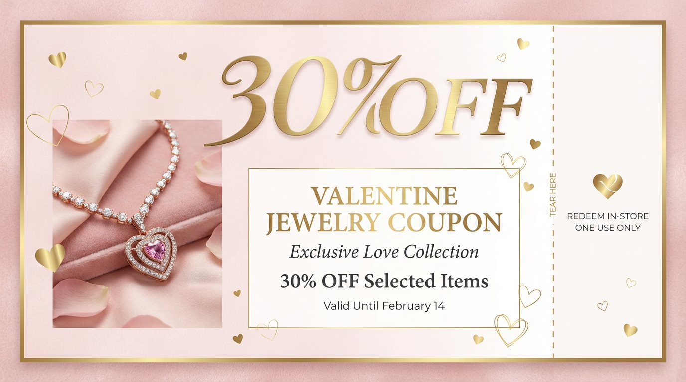 Blush pink Valentine jewelry coupon with gold 30% off typography and luxury retail style