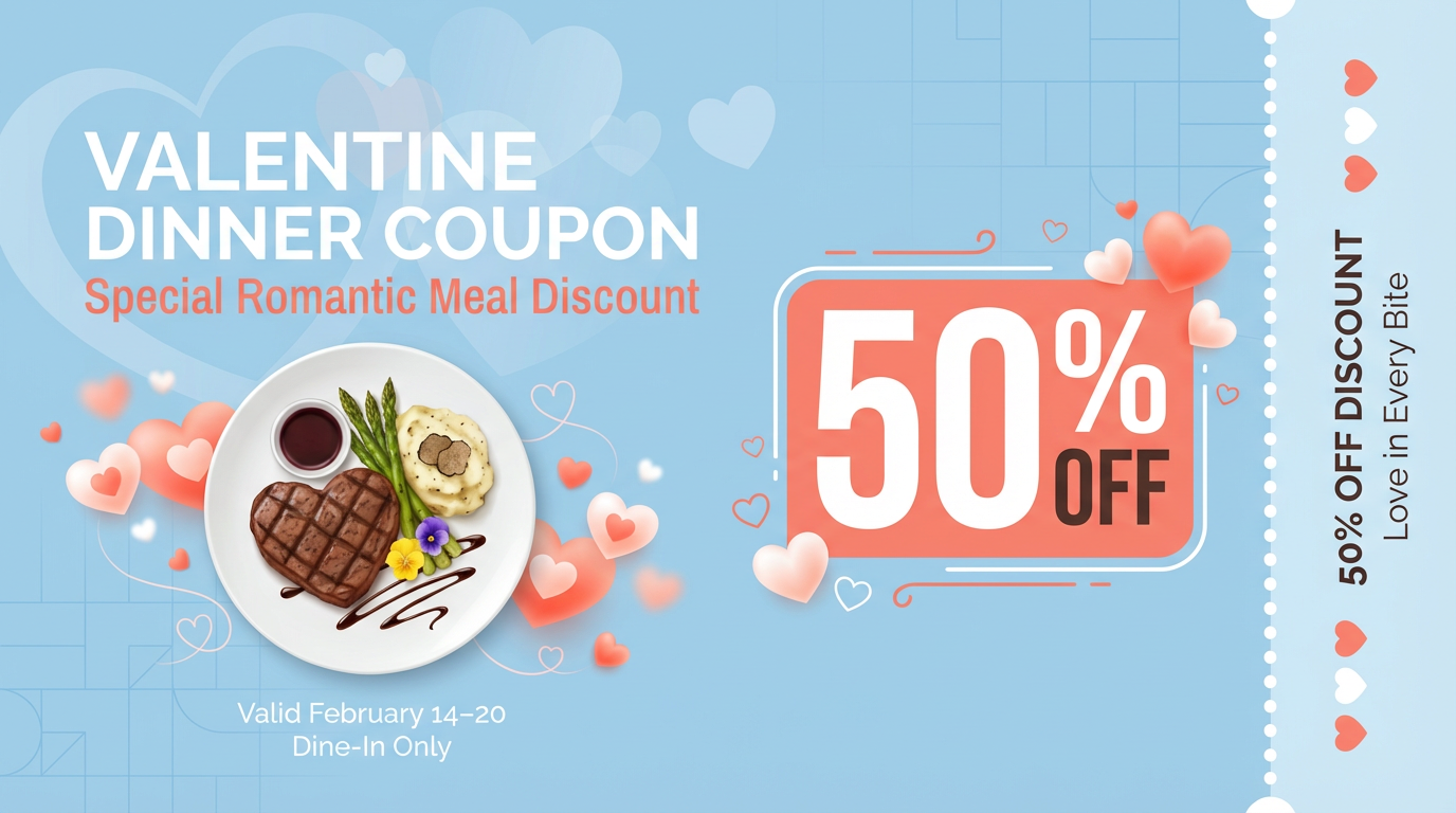 Pastel blue Valentine dinner coupon with 50% off offer and romantic food theme