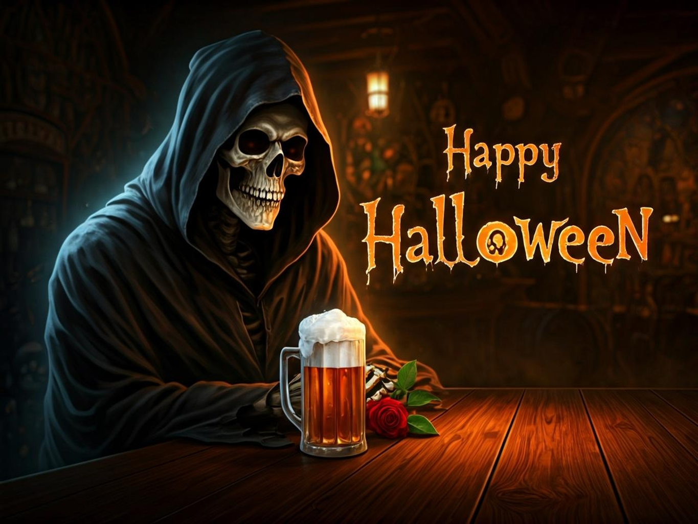 Happy Halloween – grim reaper at bar with glowing beer mug and rose