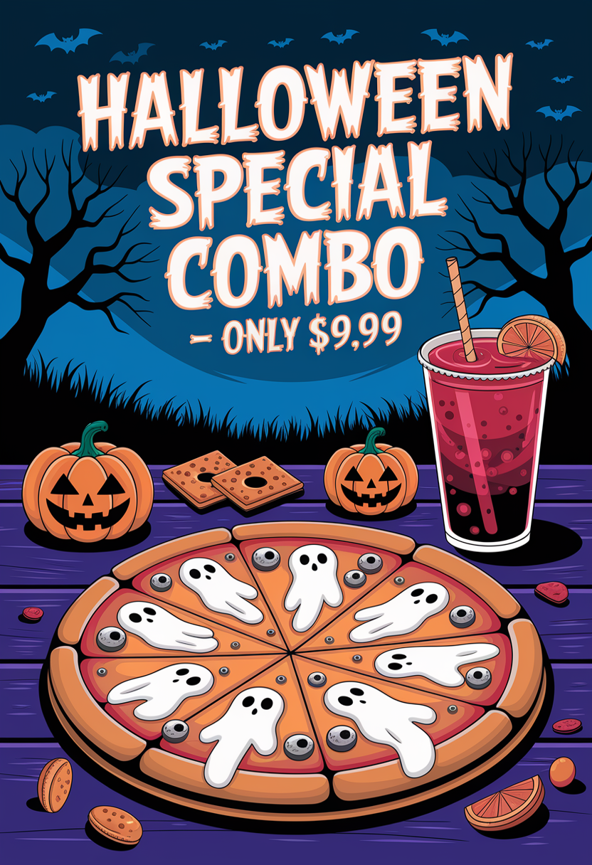 Halloween Special Combo $9.99 – spooky pizza with ghost cheese, googly-eye snacks, blood-red drink