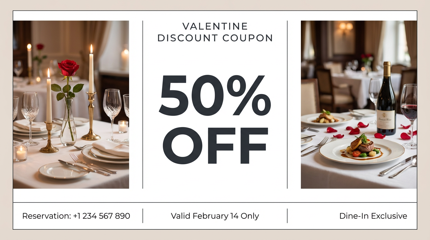 Modern Valentine restaurant coupon with bold 50% off offer and elegant dining theme