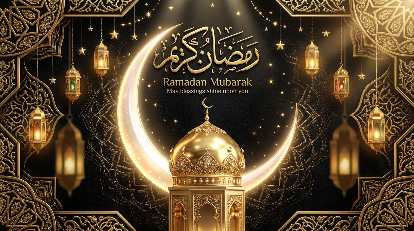 Luxurious Ramadan Mubarak design with black and gold premium background, featuring ornate 3D mosque with radiant gold dome structure, crescent moon with luminous ethereal glow surrounded by stars, multiple ornamental hanging fanous lanterns casting golden shadows, intricate Islamic geometric border patterns in luxe gold, cinematic dramatic lighting, sophisticated Arabic calligraphy typography displaying clear readable text رمضان كريم, high-end exclusive greeting card format, 16:9 aspect ratio