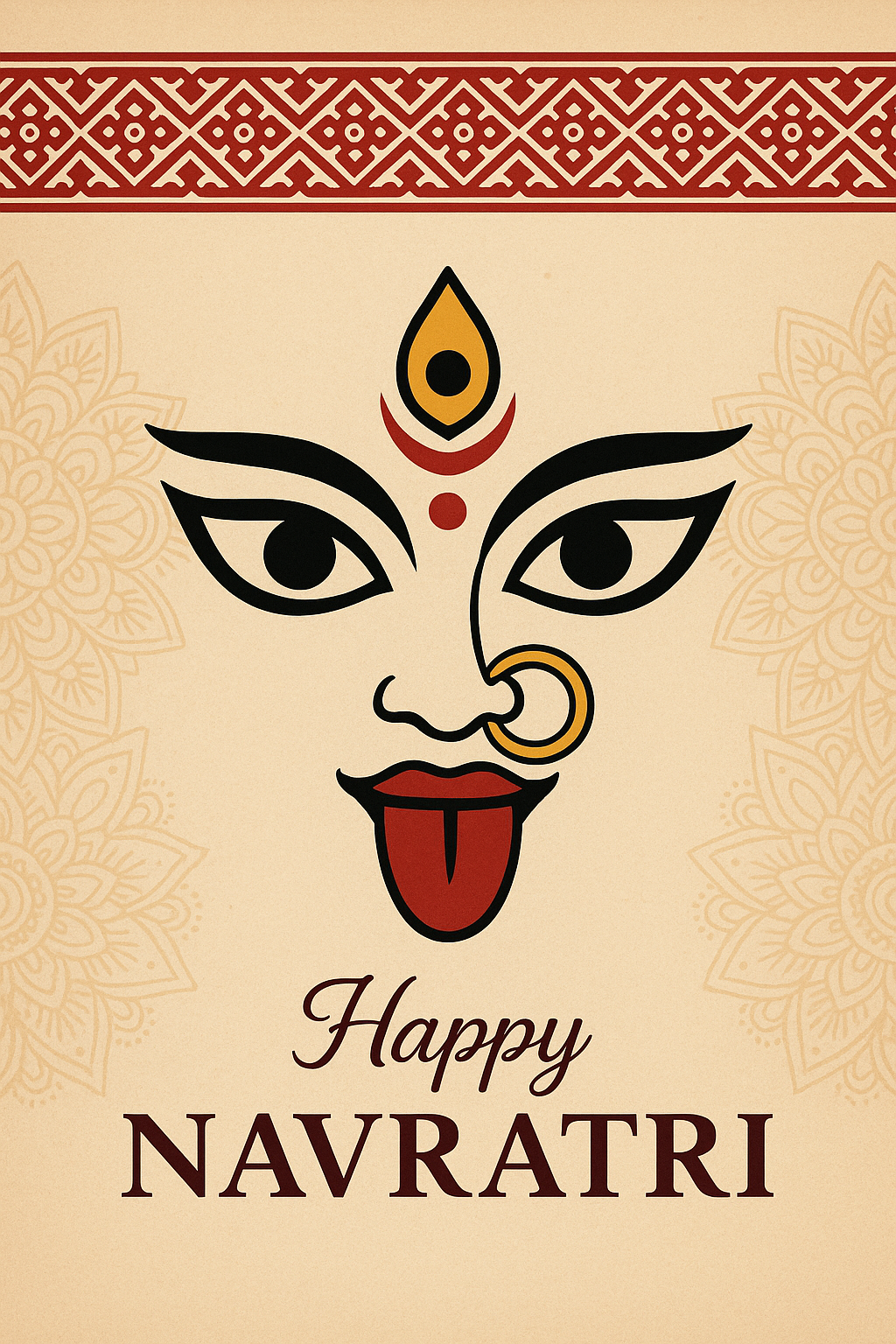 Beige Navratri poster with minimalist Goddess Kali/Durga face, mandala sides, red border and 'Happy NAVRATRI' greeting.