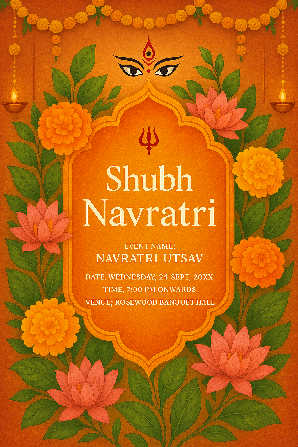 Festive floral Navratri poster with ornate orange-golden frame, marigolds, 'Shubh Navratri' and event details.
