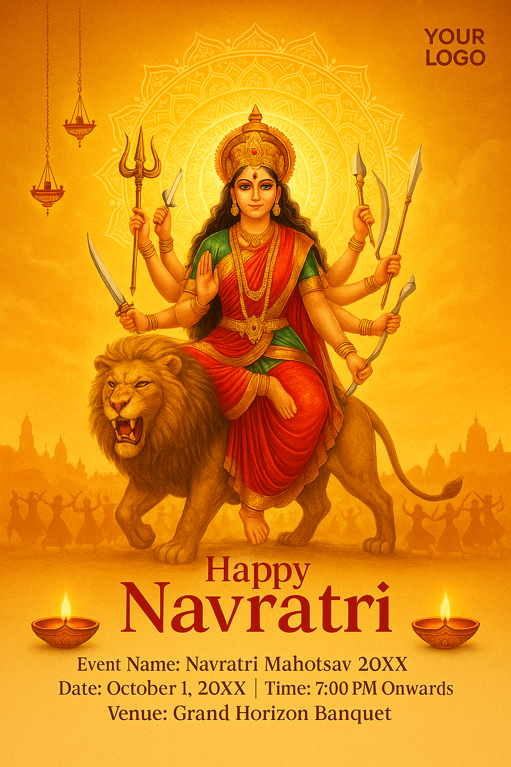 Goddess Durga on lion with mandala halo, Garba silhouettes, diyas, event details for Navratri Mahotsav 2025.
