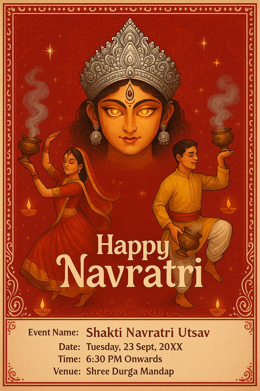 Traditional Navratri poster with Durga face, dhunuchi dancers, sparkles, 'Happy Navratri' and event details.