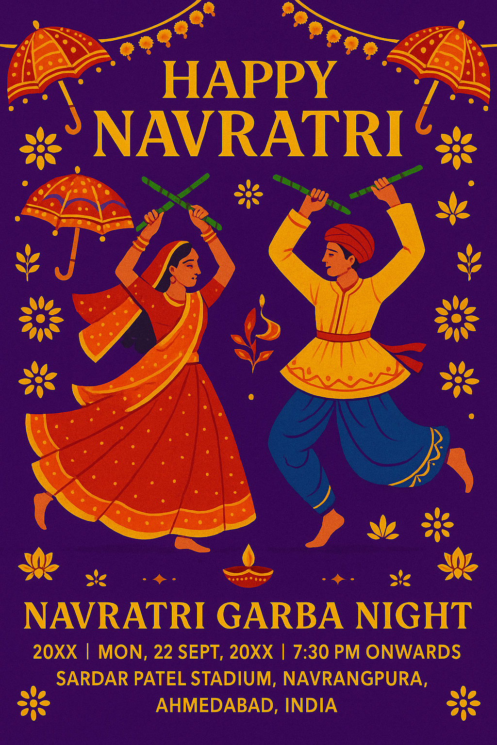 Purple Navratri poster with Garba couple, dandiya, 'Happy Navratri' and event details for Garba Night.
