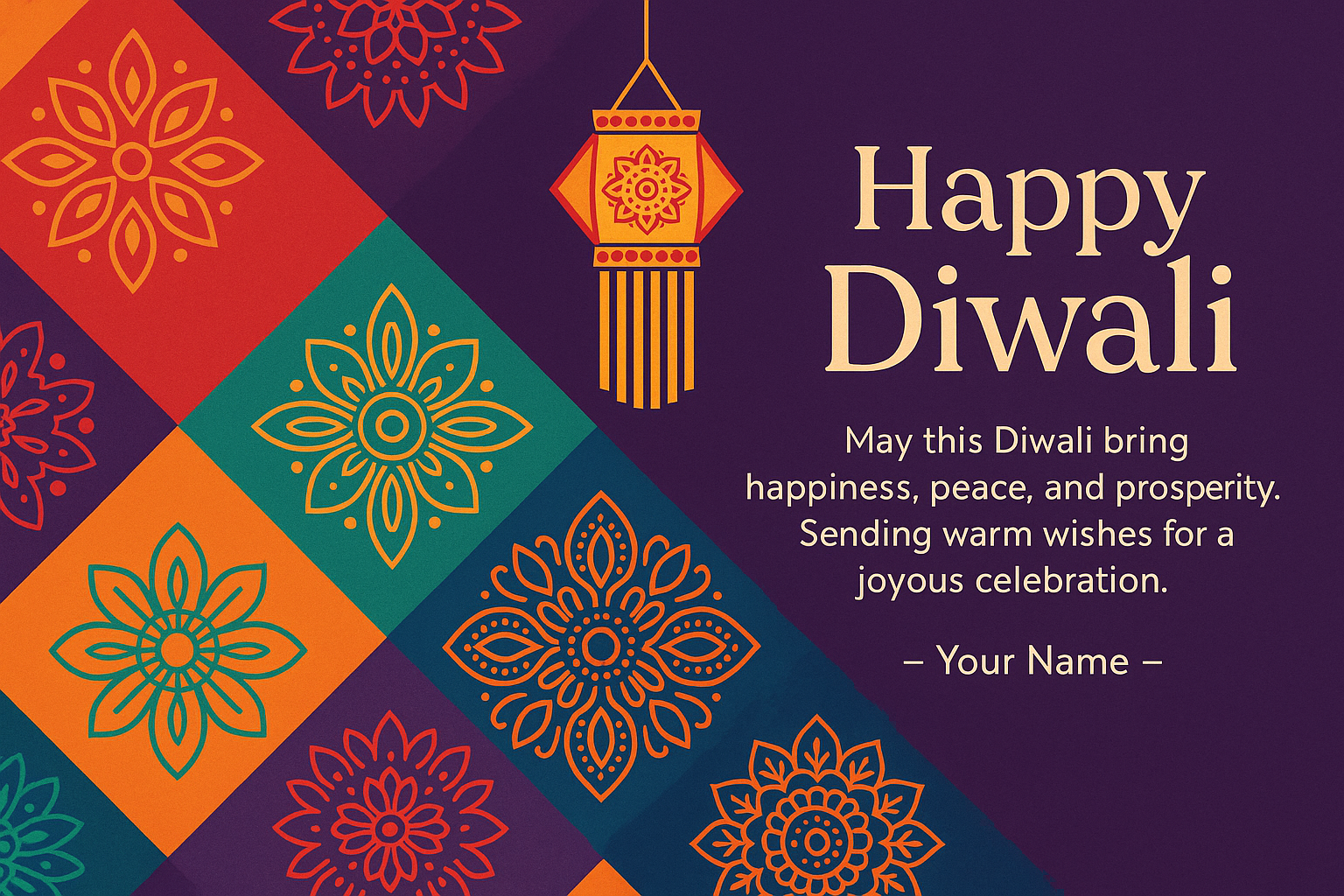 Diwali greeting card with purple background featuring colorful rangoli patterns in orange, red, and teal diamond shapes, golden lantern illustration, and 'Happy Diwali' text in elegant serif font with festive message below.