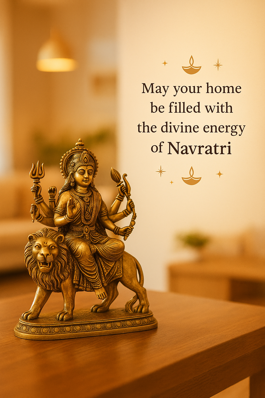 Homely Navratri wish poster with brass Durga idol on table, warm interior, and greeting 'May your home be filled with the divine energy of Navratri'.