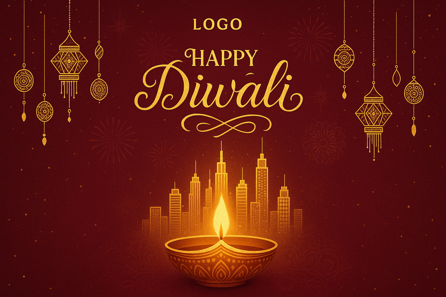 Maroon Diwali card featuring golden glowing diya with flames, stylized city skyline, hanging lanterns, orange and gold rangoli elements, serif 'Happy Diwali' text with prosperity message.