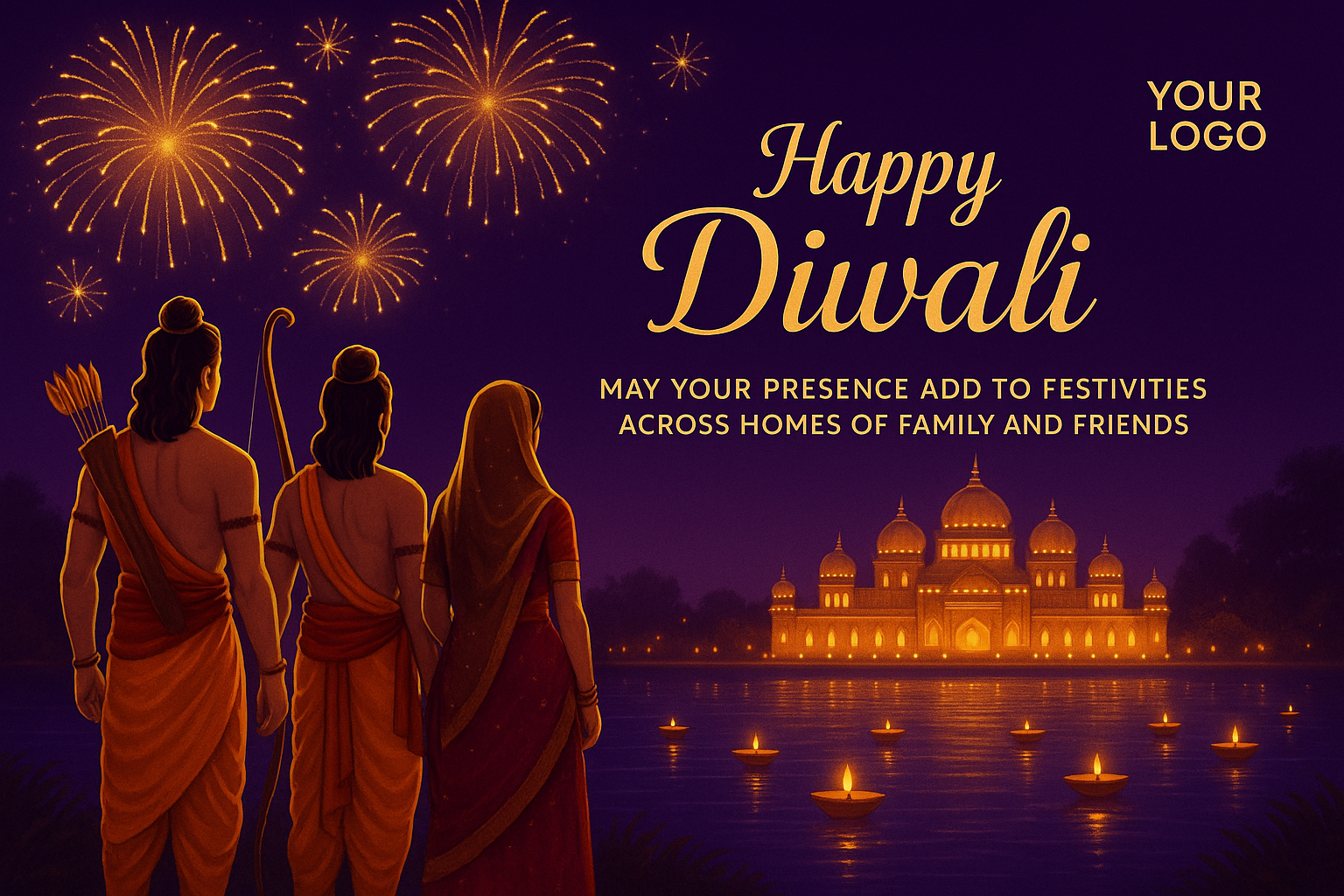 Purple gradient Diwali card with illustrated Rama and Lakshman beside river, palace architecture, multiple fireworks bursts above, 'Happy Diwali' in gold serif font.