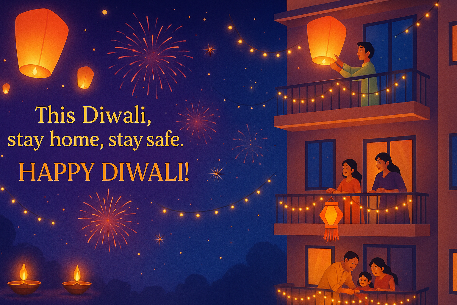 Dark blue-purple Diwali safety card featuring apartment building balconies with residents celebrating, hanging lanterns, fireworks, message 'This Diwali, stay home, stay safe' with 'Happy Diwali' greeting.