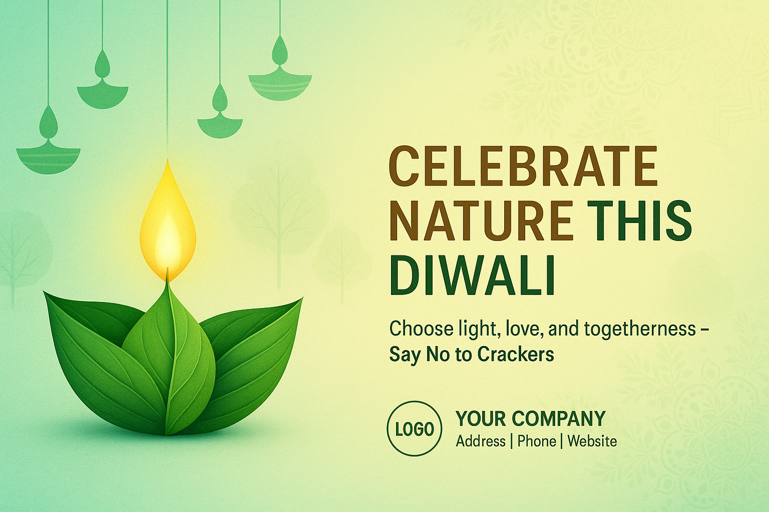 Mint-green eco-conscious Diwali card with leaf-shaped diya illustration, natural pigment aesthetic, 'Celebrate Nature This Diwali' headline, hanging organic rangoli, sustainability-focused design.