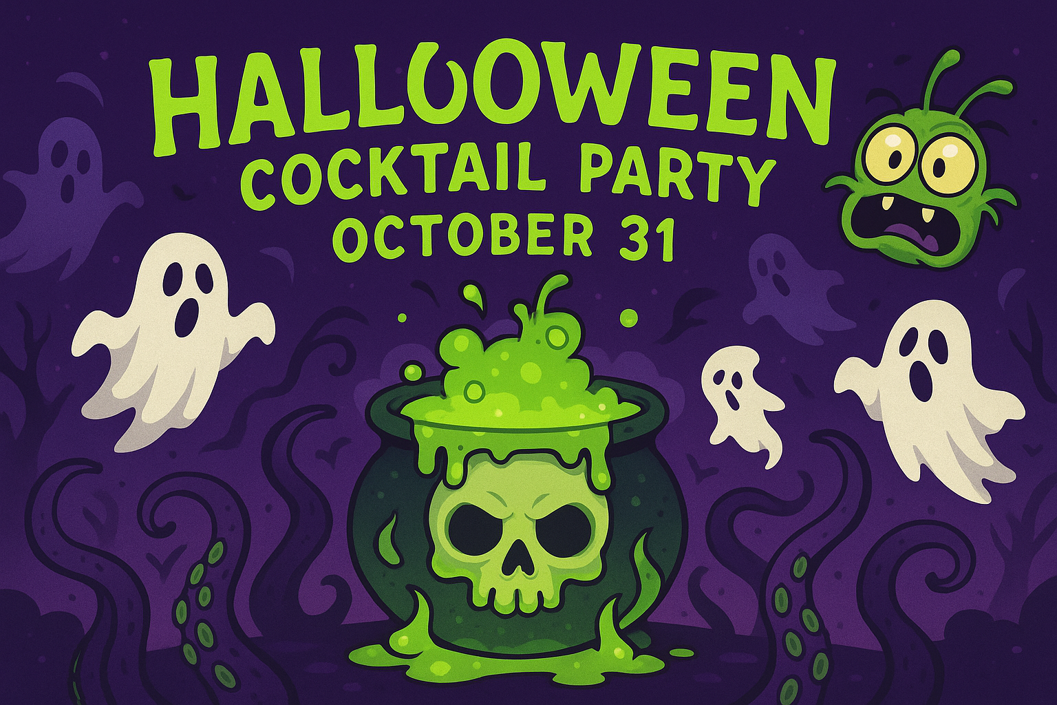 Halloween Cocktail Party – glowing skull cauldron, ghosts, tentacles, monster, Oct 31