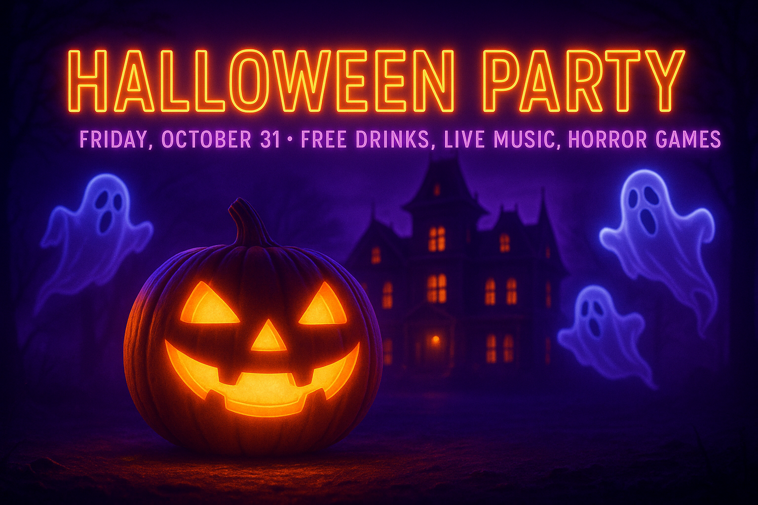 Halloween Party – neon jack-o'-lantern, haunted mansion, ghosts, Oct 31 details