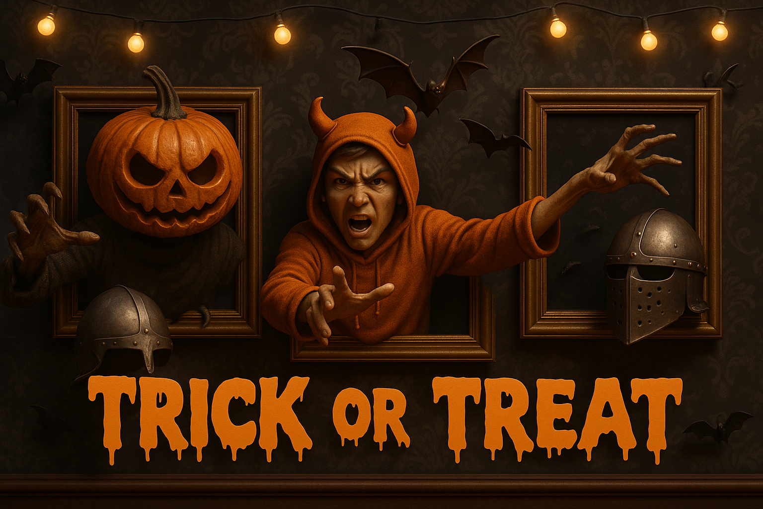 Trick or Treat – 3D pumpkin-head and hooded characters breaking frames, spooky props