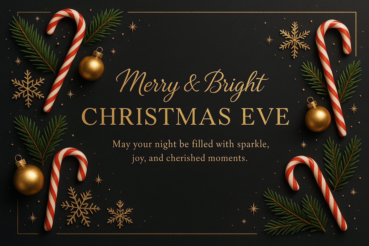 Modern Christmas Eve card with charcoal background, gold frame, festive accents, and elegant typography