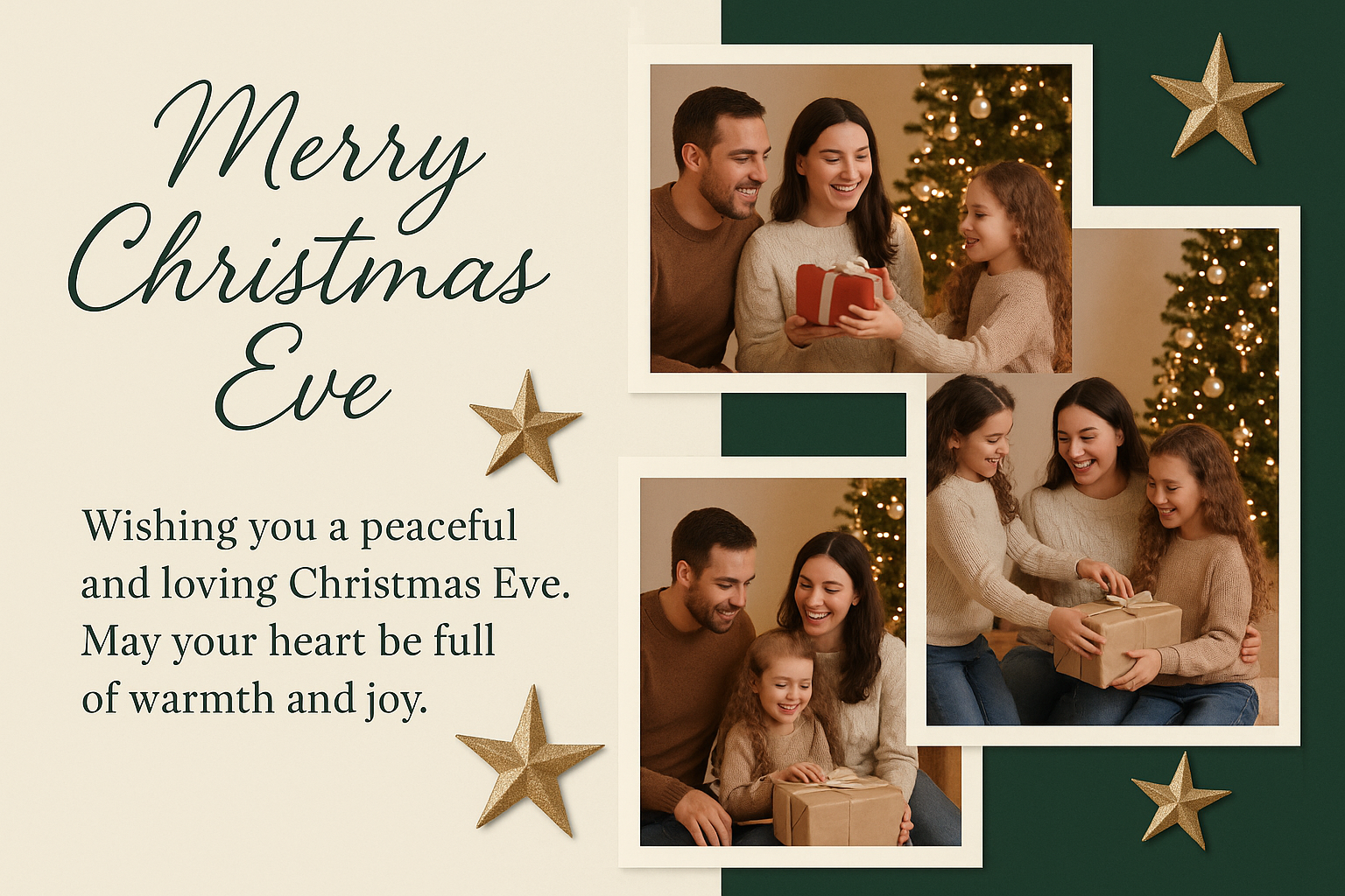 Family Christmas Eve greeting card with cream and green background, family photo collage, and elegant message