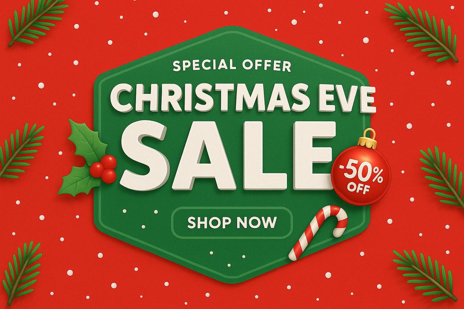 Christmas Eve sale card with red background, 3D text, ornaments, and festive decorations