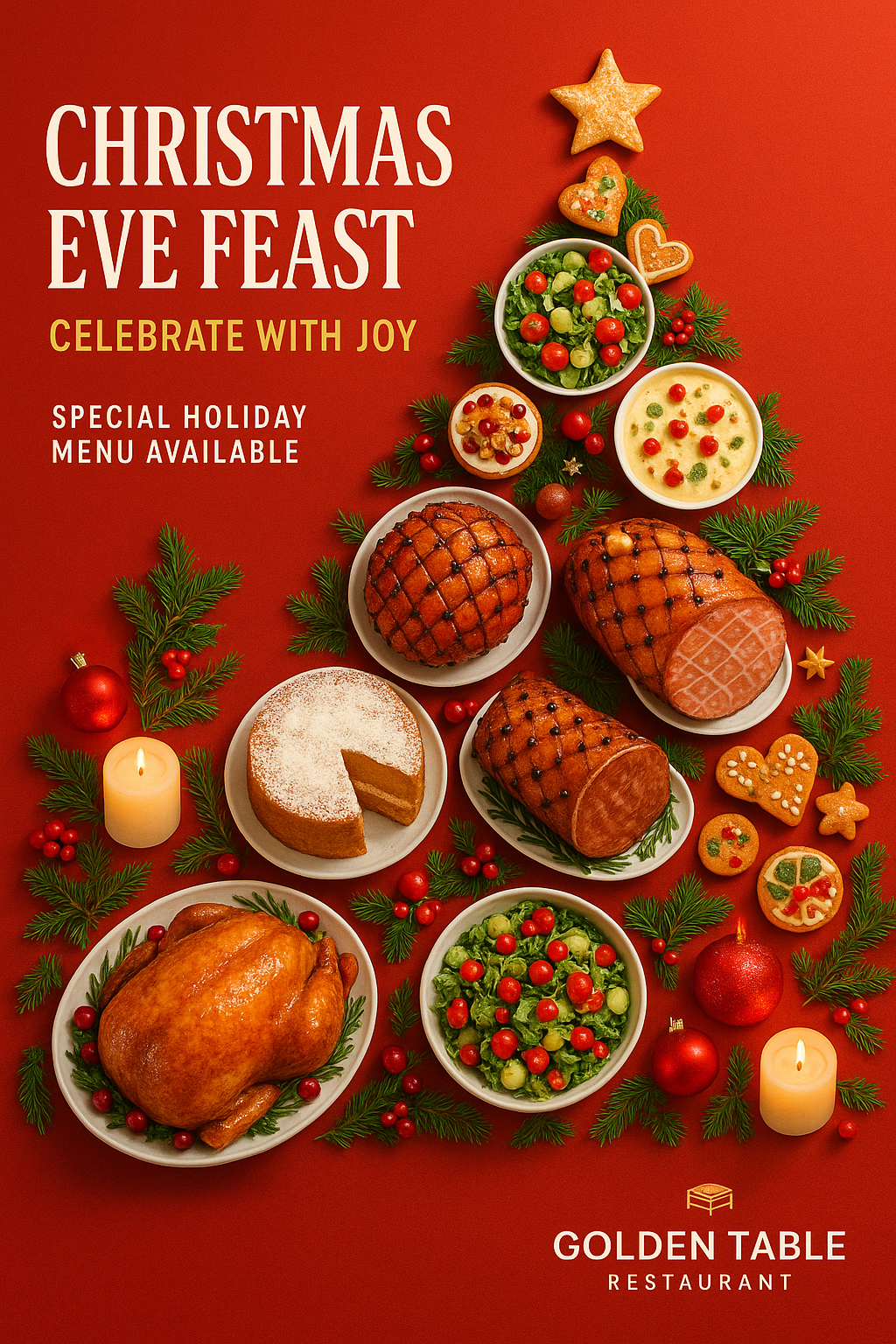 Christmas dinner promotional poster with food tree, candles, ornaments, and festive typography