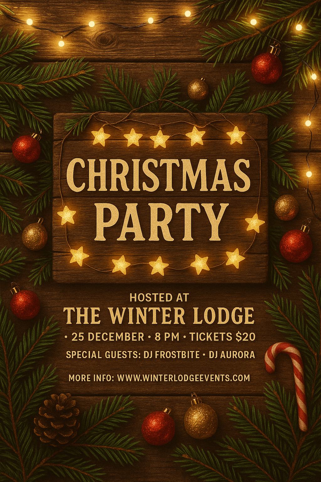 Rustic Christmas party flyer — wooden background, glowing fairy lights, pine branches, cozy festive layout.