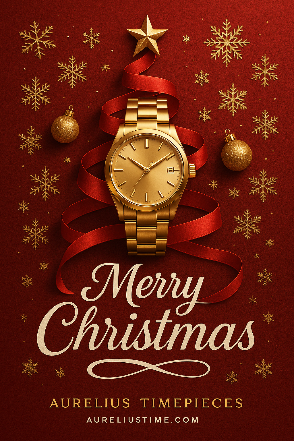 Luxury Christmas promotional poster — red background, gold watch, ribbon tree, elegant holiday design.