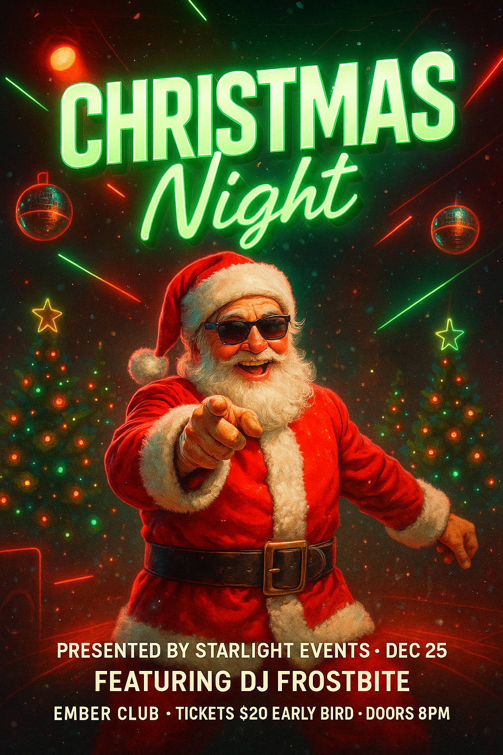 Christmas Night party poster with Santa, neon lights, disco decorations, and festive event details