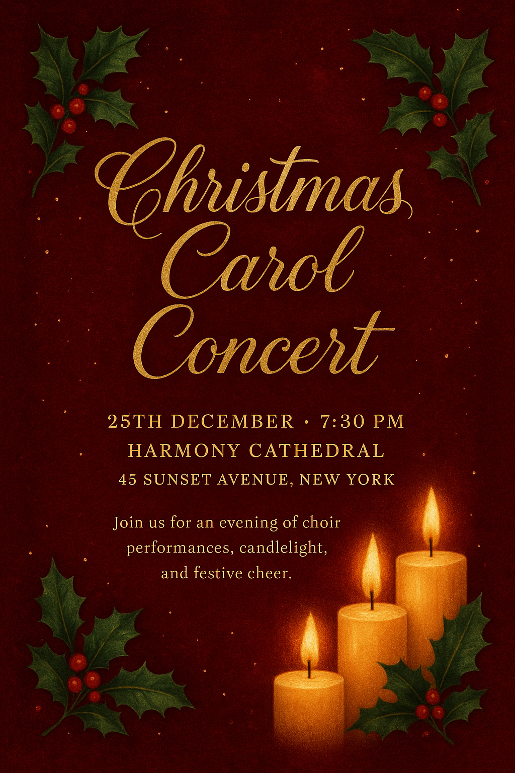 Elegant Christmas Carol Concert flyer with red velvet background, candles, holly leaves, and golden typography
