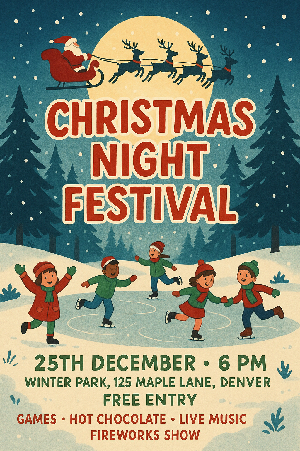 Christmas Night Festival flyer with snowy forest, Santa’s sleigh, children skating, and festive event details