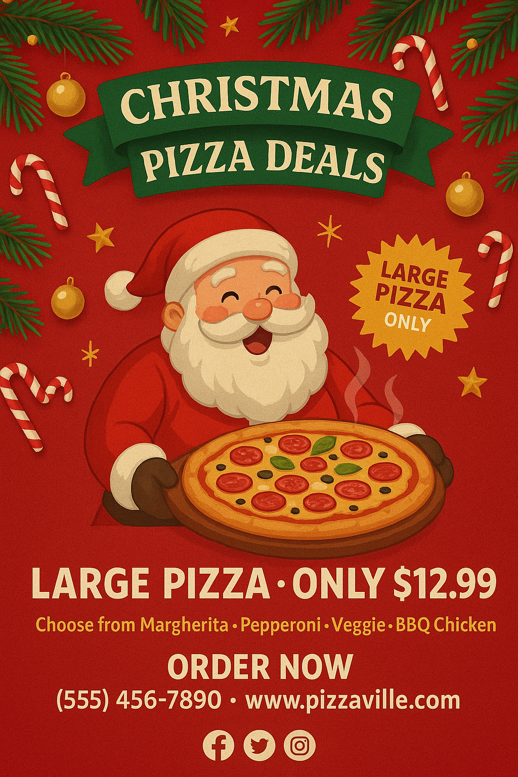 Christmas pizza shop flyer with red background, Santa holding pizza, and festive details