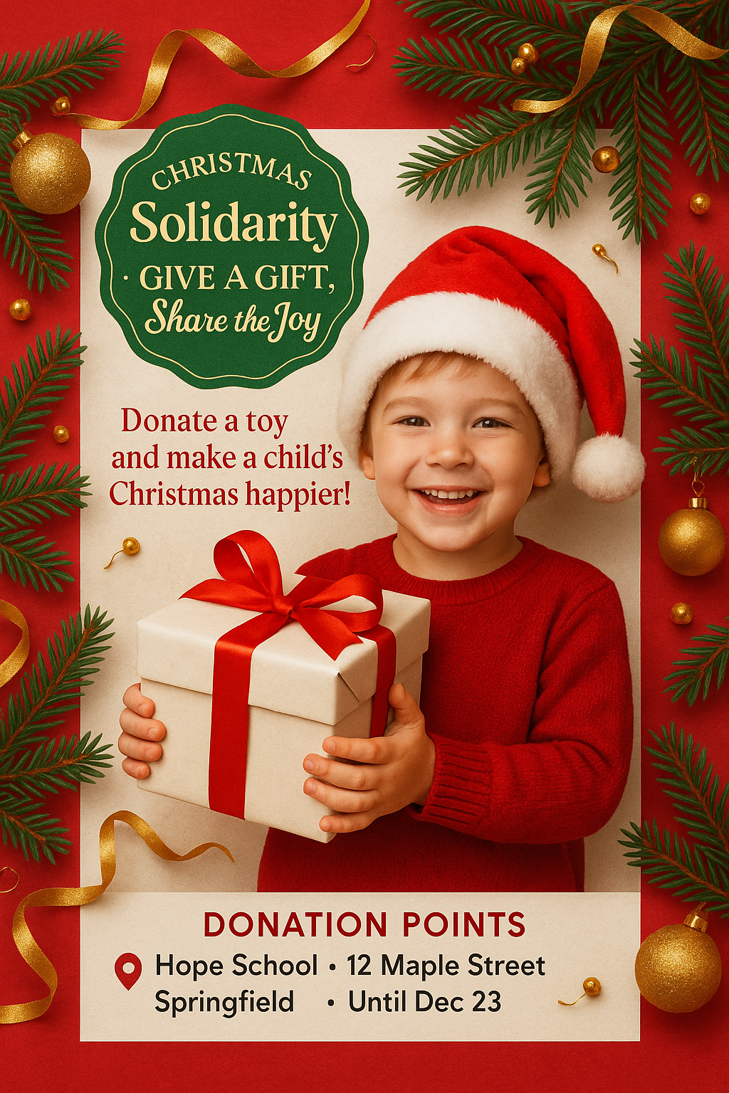 Christmas charity donation flyer with child in Santa hat, gift box, and festive background