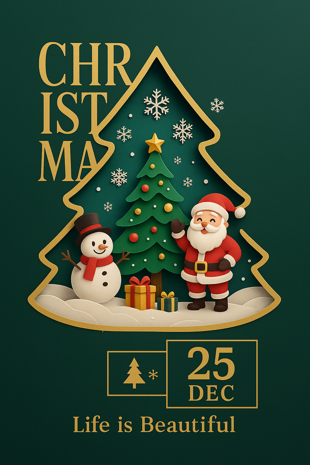 Modern Christmas flyer with green background, 3D paper-cut tree scene, and golden typography