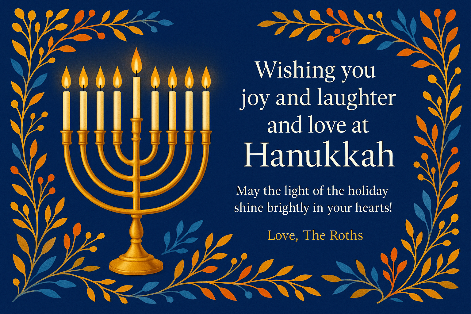 Royal blue Hanukkah greeting card with menorah, floral borders, and golden festive typography