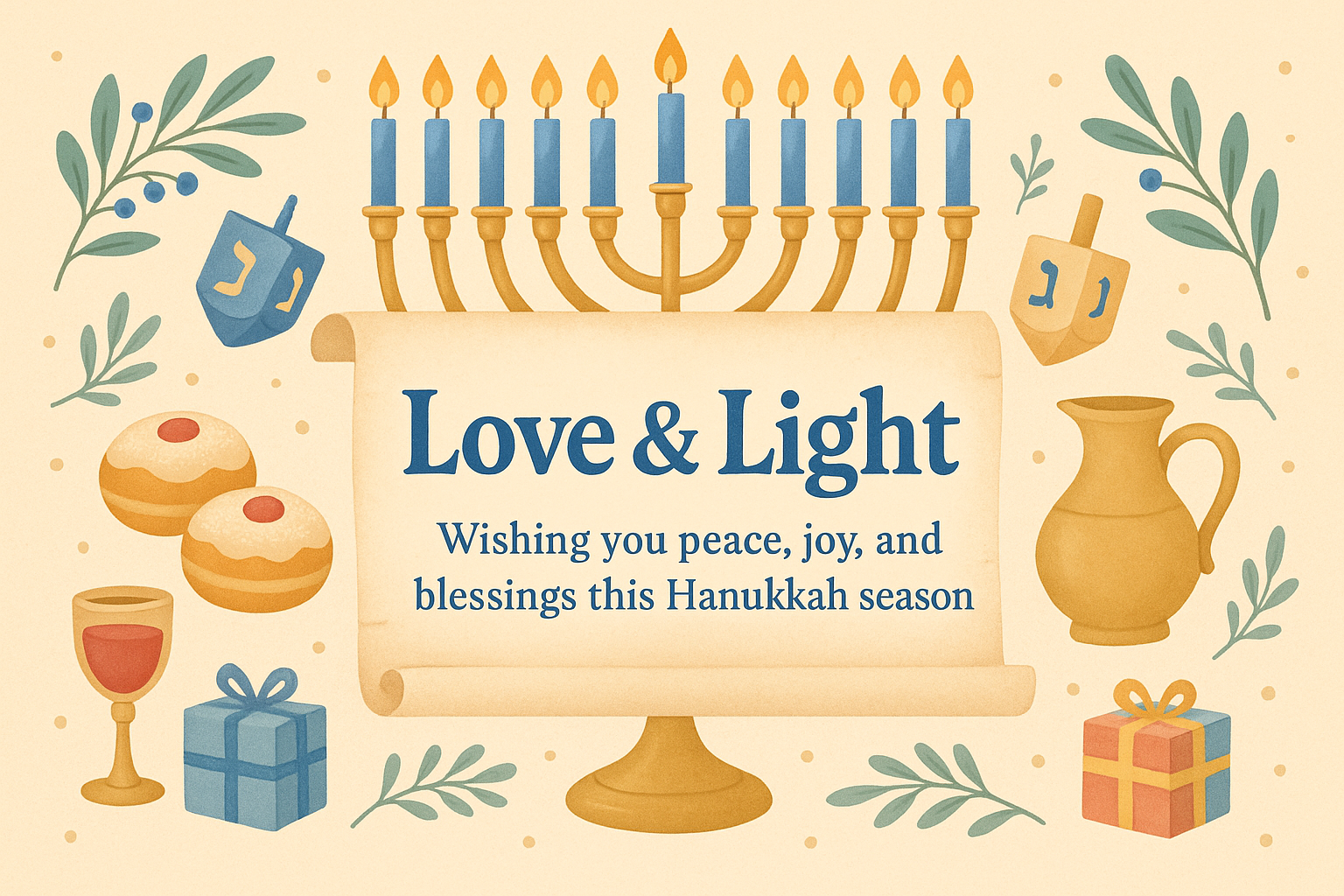 Hanukkah beige greeting card with menorah, symbolic icons, and scroll reading Love & Light