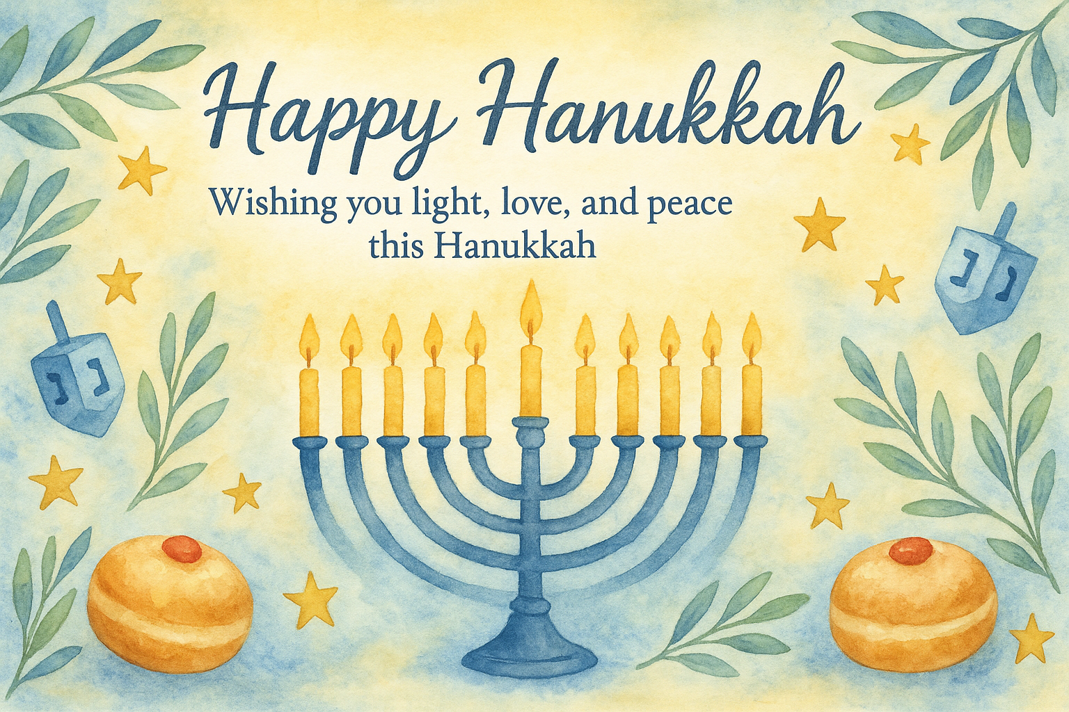 Watercolor Hanukkah card with menorah, olive branches, and hand-lettered greeting