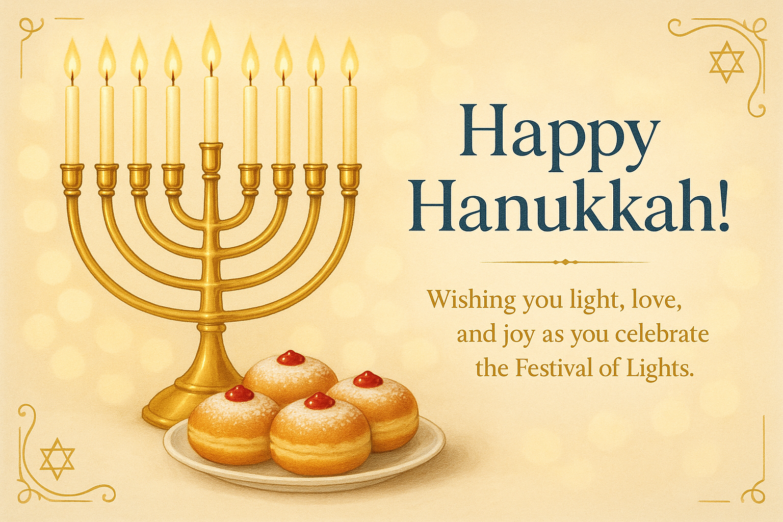 Beige Hanukkah card with menorah, donuts, golden text, and glowing festive details