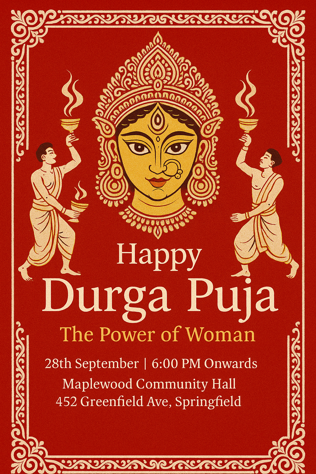 Durga face with crown, dhunuchi dancers, red and white festive background, event details.