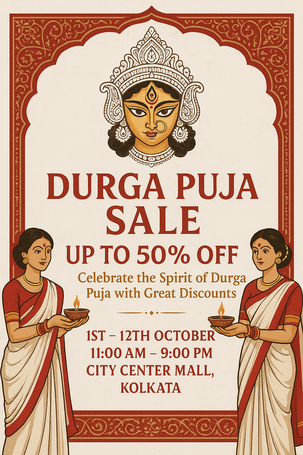 White marble background, Durga face, clay lamp women, red arch border, bold sale details.